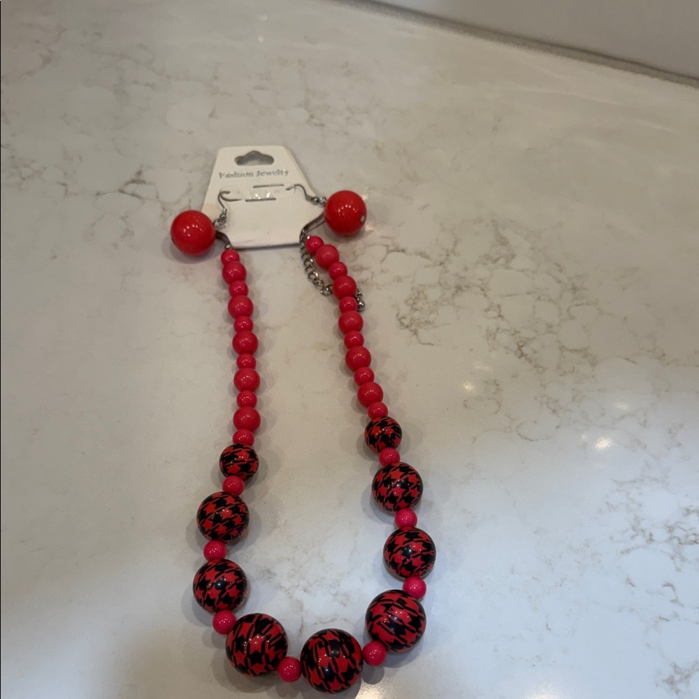 Red and Black Beaded Necklace and Earring Set